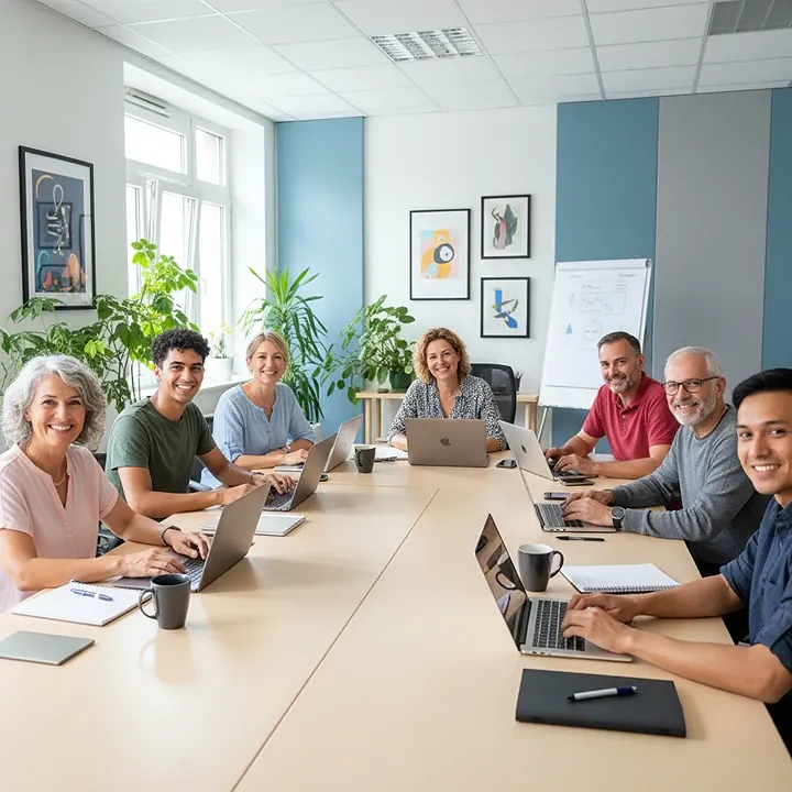 Groupe de stagiaires en formation, chacun devant un ordinateur portable